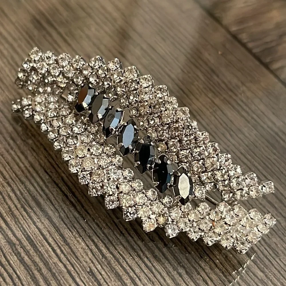 Vintage Rhinestone Clear & Gunmetal Rhinestone Brooch